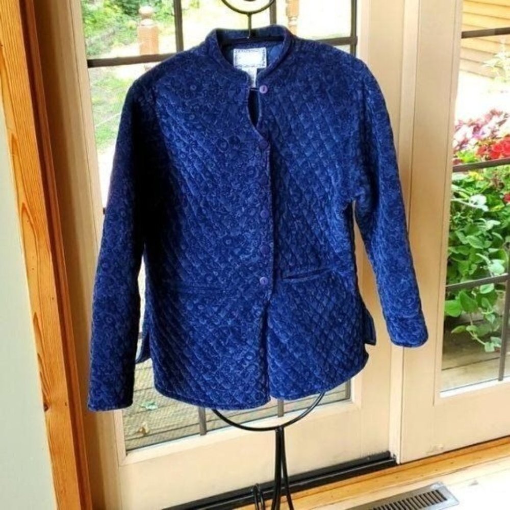 Cornell Trading April Cornell Blue Jacquard Quilted Floral Pocket Sz S Jacket‎